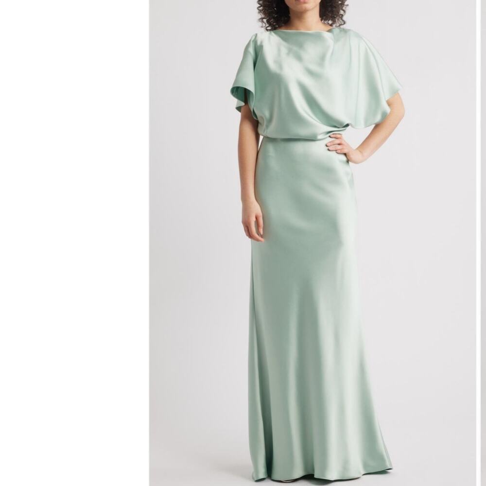 Amsale light green blouson bodice bias cut draped gown maxi dress size 2